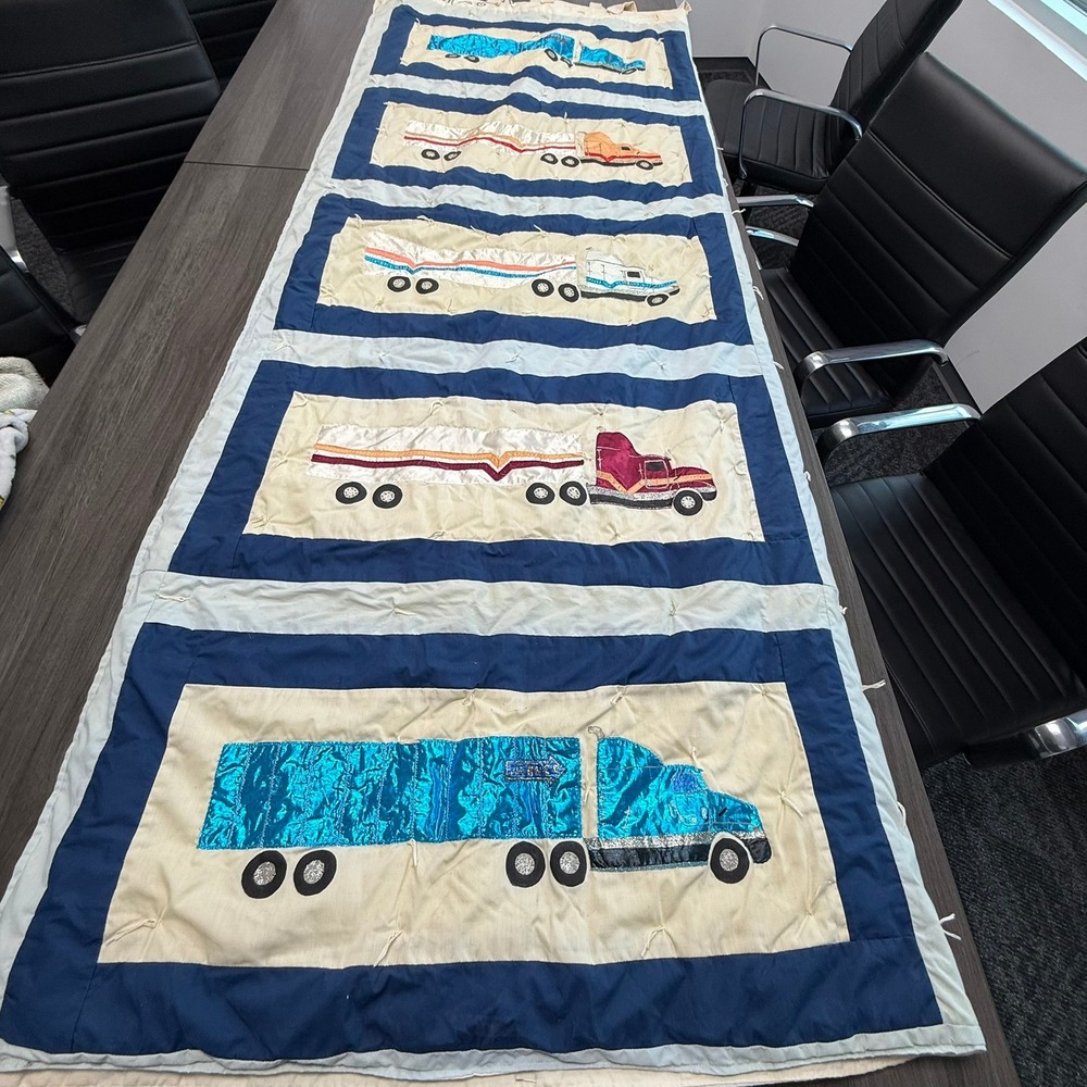 Vintage Handmade Quilted Semi Truck Wall Hanging Bed Cover Blue Cream 95x72